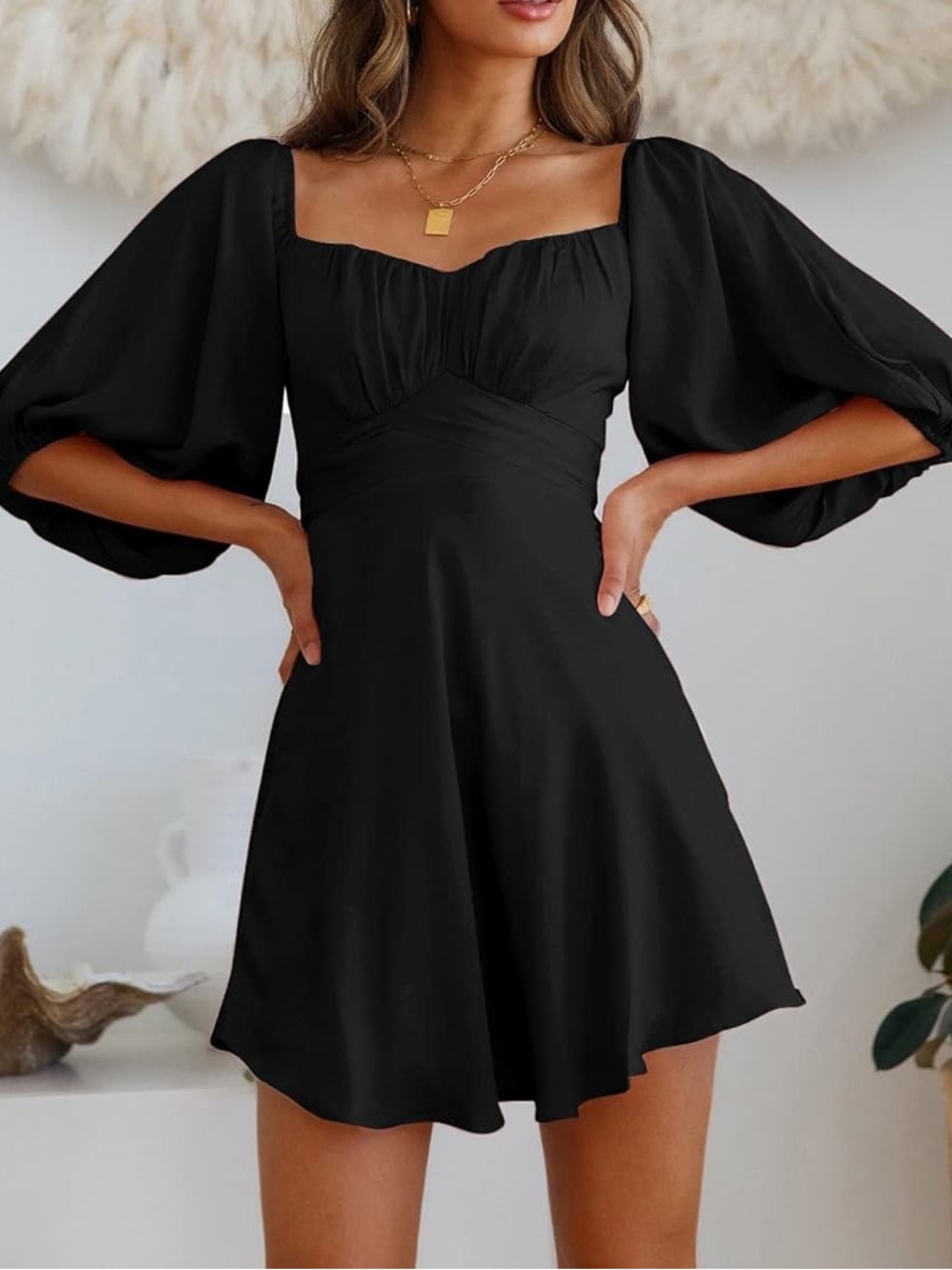 Hello Molly Black Square-Neck Puff-Sleeve Mini Dress